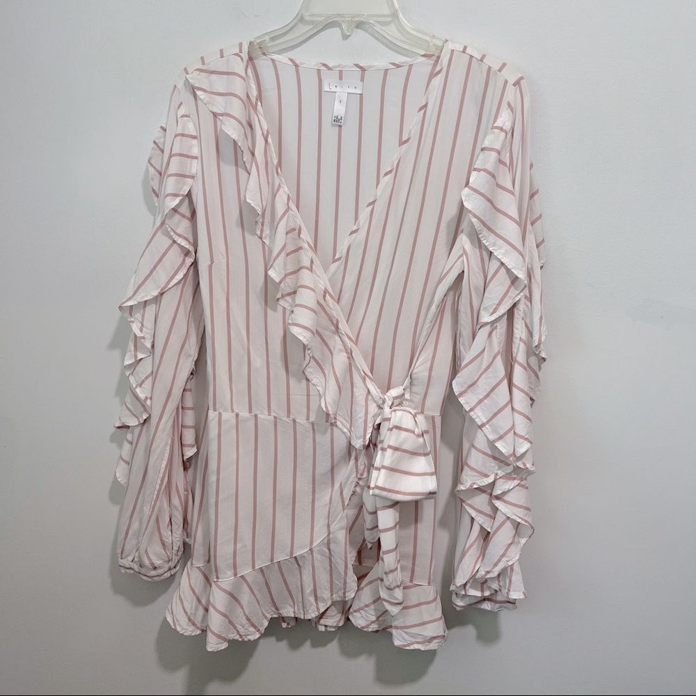LEITH Ruffled Striped Long Sleeve Wrap Victorian Peasant Style Blouse - Picture 4 of 16